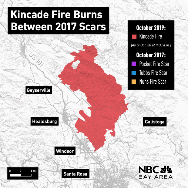 Kincade Fire Burns Between 2017 Wildfire Scars